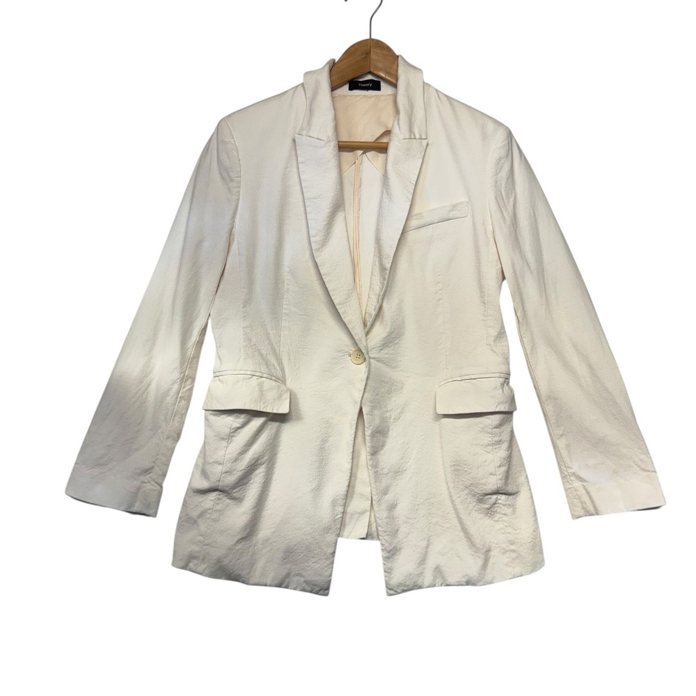 Theory Womens Cream Textured Single Button Blazer Jacket Sz 8 Ivory Professional